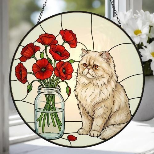Custom Persian Cat & Red Poppies Glass Suncatcher:  Gift for Cat Lovers - image 4