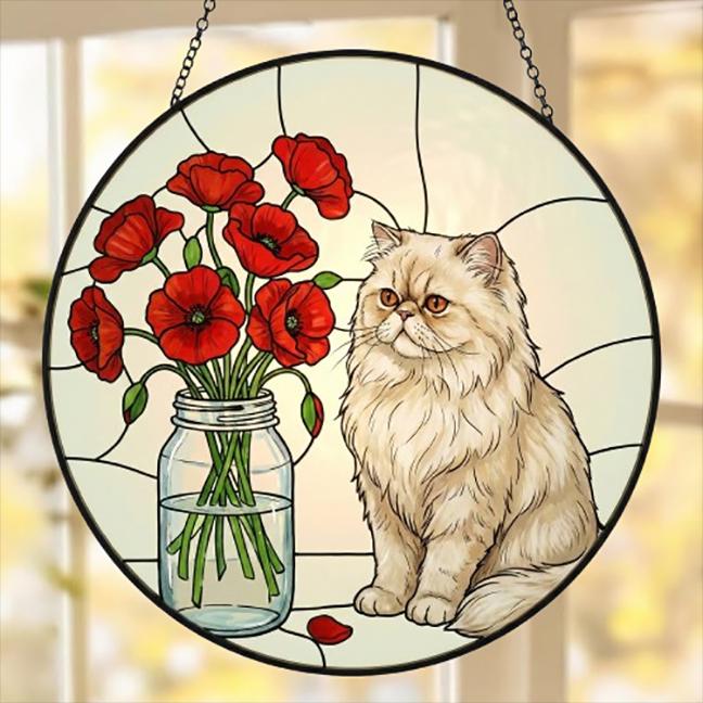 Custom Persian Cat & Red Poppies Glass Suncatcher:  Gift for Cat Lovers