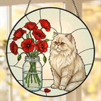 Custom Persian Cat & Red Poppies Glass Suncatcher:  Gift for Cat Lovers