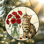 Custom Bengal Cat & Red Poppies Glass Suncatcher:  Gift for Cat Lovers - image 2