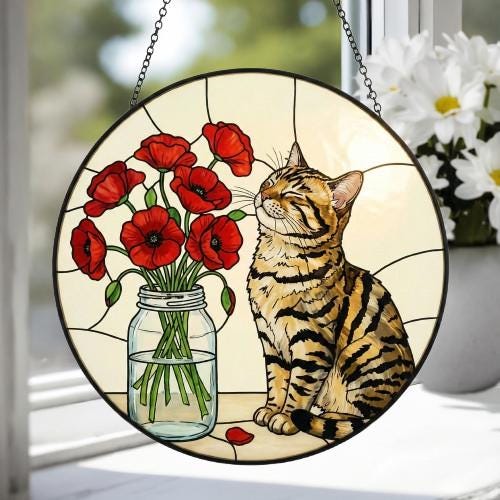 Custom Bengal Cat & Red Poppies Glass Suncatcher:  Gift for Cat Lovers - image 3