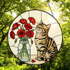Custom Bengal Cat & Red Poppies Glass Suncatcher:  Gift for Cat Lovers - image 4