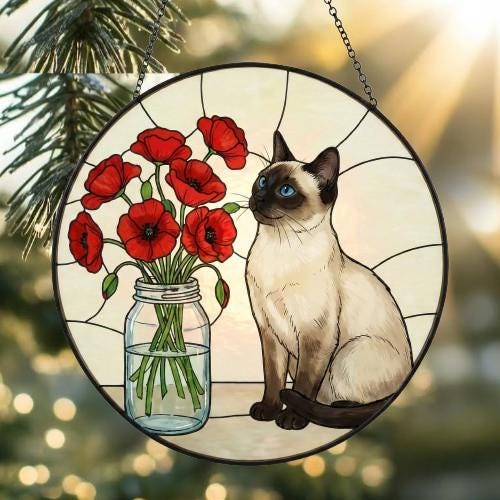 Custom Siamese Cat & Red Poppies Glass Suncatcher:  Gift for Cat Lovers - image 2