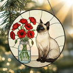 Custom Siamese Cat & Red Poppies Glass Suncatcher:  Gift for Cat Lovers - image 2