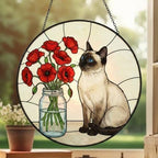 Custom Siamese Cat & Red Poppies Glass Suncatcher:  Gift for Cat Lovers - image 3
