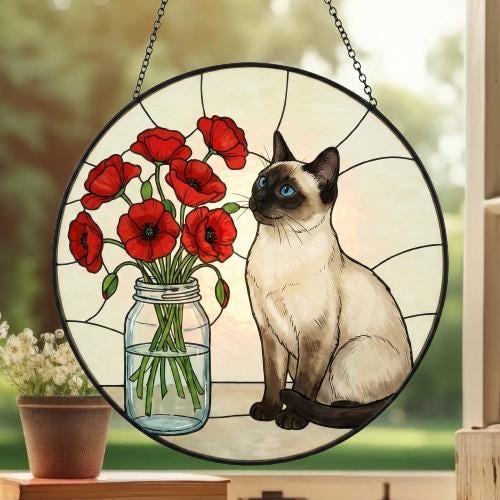 Custom Siamese Cat & Red Poppies Glass Suncatcher:  Gift for Cat Lovers - image 3