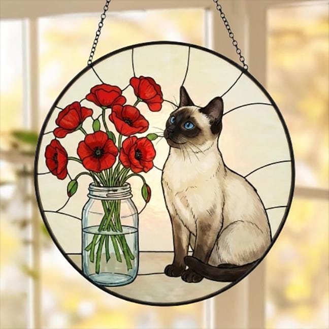 Custom Siamese Cat & Red Poppies Glass Suncatcher:  Gift for Cat Lovers