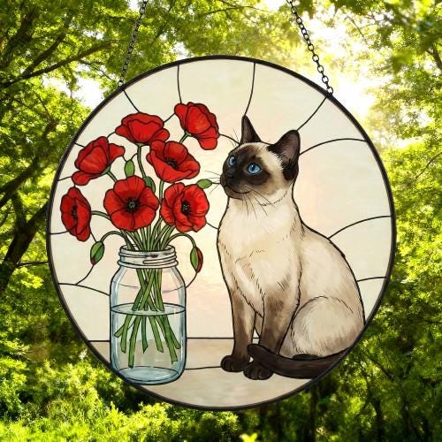 Custom Siamese Cat & Red Poppies Glass Suncatcher:  Gift for Cat Lovers - image 5