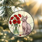 Custom Sphynx Cat & Red Poppies Glass Suncatcher:  Gift for Cat Lovers - image 2