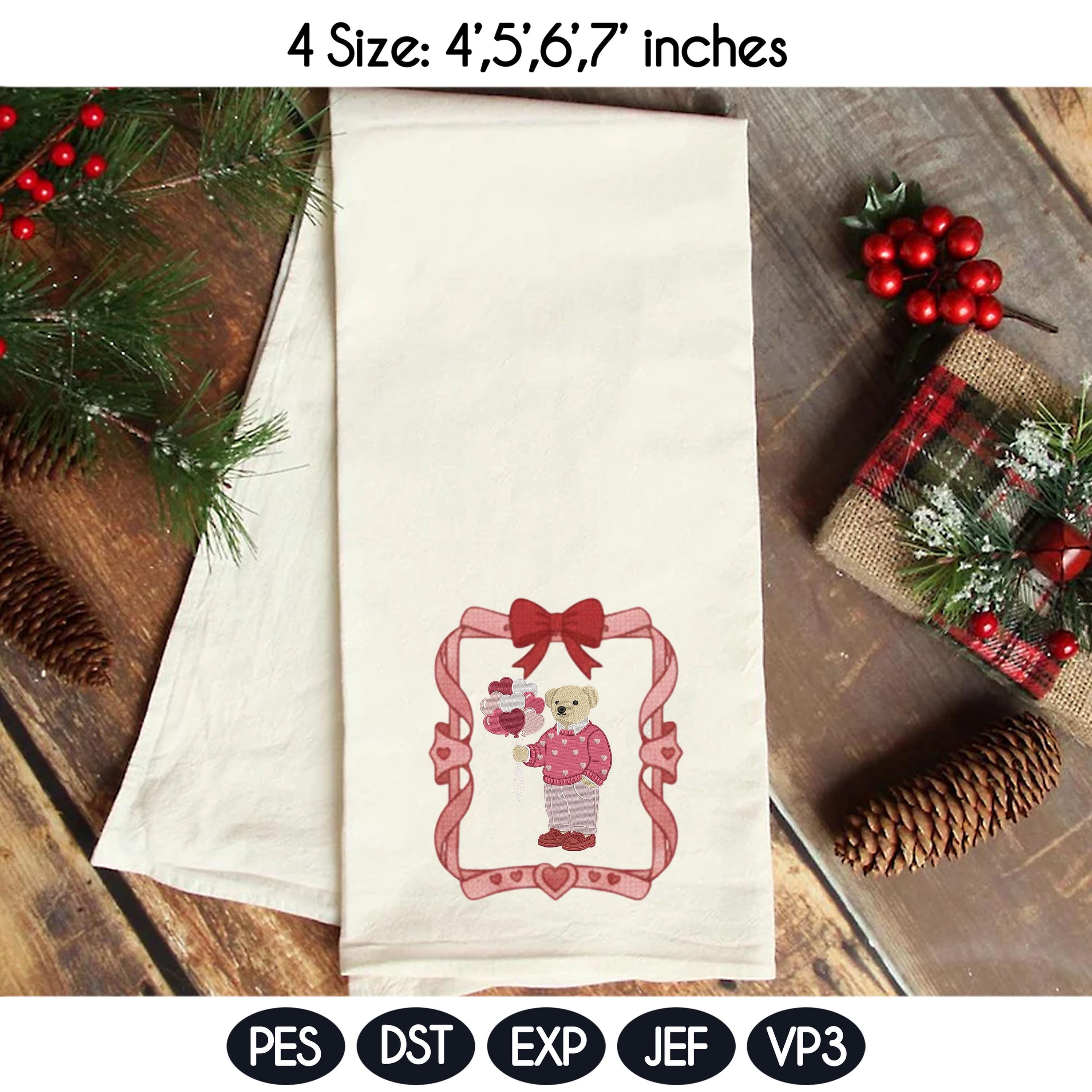 Valentine Teddy Bear Embroidery Design, Cute Bear With Hearts & Bow Frames, Love Bear Machine Embroidery, 4 Sizes, Digital Download - image 3