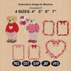 Valentine Teddy Bear Embroidery Design, Cute Bear With Hearts & Bow Frames, Love Bear Machine Embroidery, 4 Sizes, Digital Download