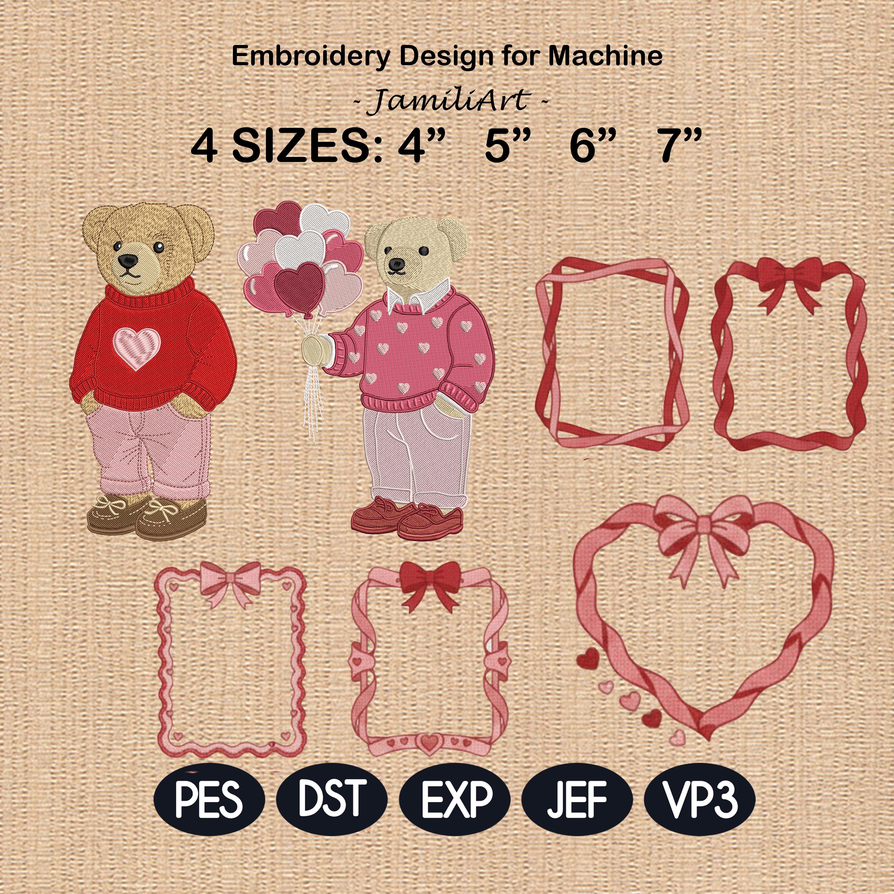 Valentine Teddy Bear Embroidery Design, Cute Bear With Hearts & Bow Frames, Love Bear Machine Embroidery, 4 Sizes, Digital Download