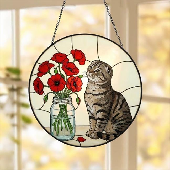 Custom Scottish Fold Cat & Red Poppies Glass Suncatcher:  Gift for Cat Lovers