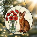 Custom Abyssinian  Cat & Red Poppies Glass Suncatcher:  Gift for Cat Lovers - image 2