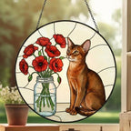 Custom Abyssinian  Cat & Red Poppies Glass Suncatcher:  Gift for Cat Lovers - image 3