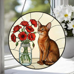 Custom Abyssinian  Cat & Red Poppies Glass Suncatcher:  Gift for Cat Lovers