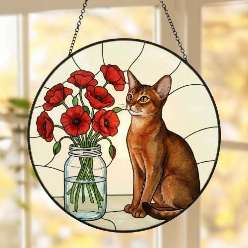 Custom Abyssinian  Cat & Red Poppies Glass Suncatcher:  Gift for Cat Lovers - image 5