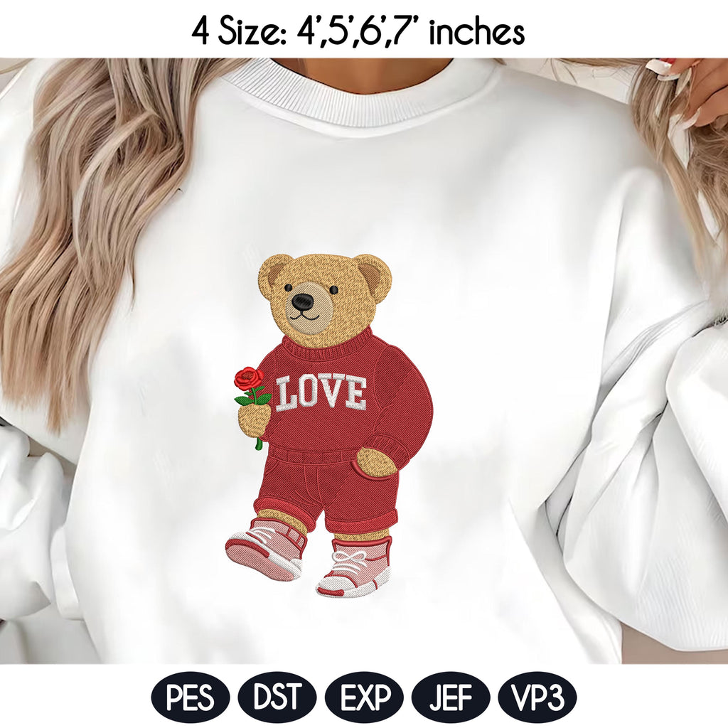 Valentine's Day Bear Embroidery Design, Stylist Bear with Rose Embroidery File, Valentine Bear Machine Embroidery Pattern, Fashion Bear - image 3