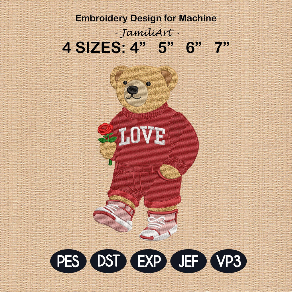 Valentine's Day Bear Embroidery Design, Stylist Bear with Rose Embroidery File, Valentine Bear Machine Embroidery Pattern, Fashion Bear