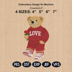 Valentine's Day Bear Embroidery Design, Stylist Bear with Rose Embroidery File, Valentine Bear Machine Embroidery Pattern, Fashion Bear