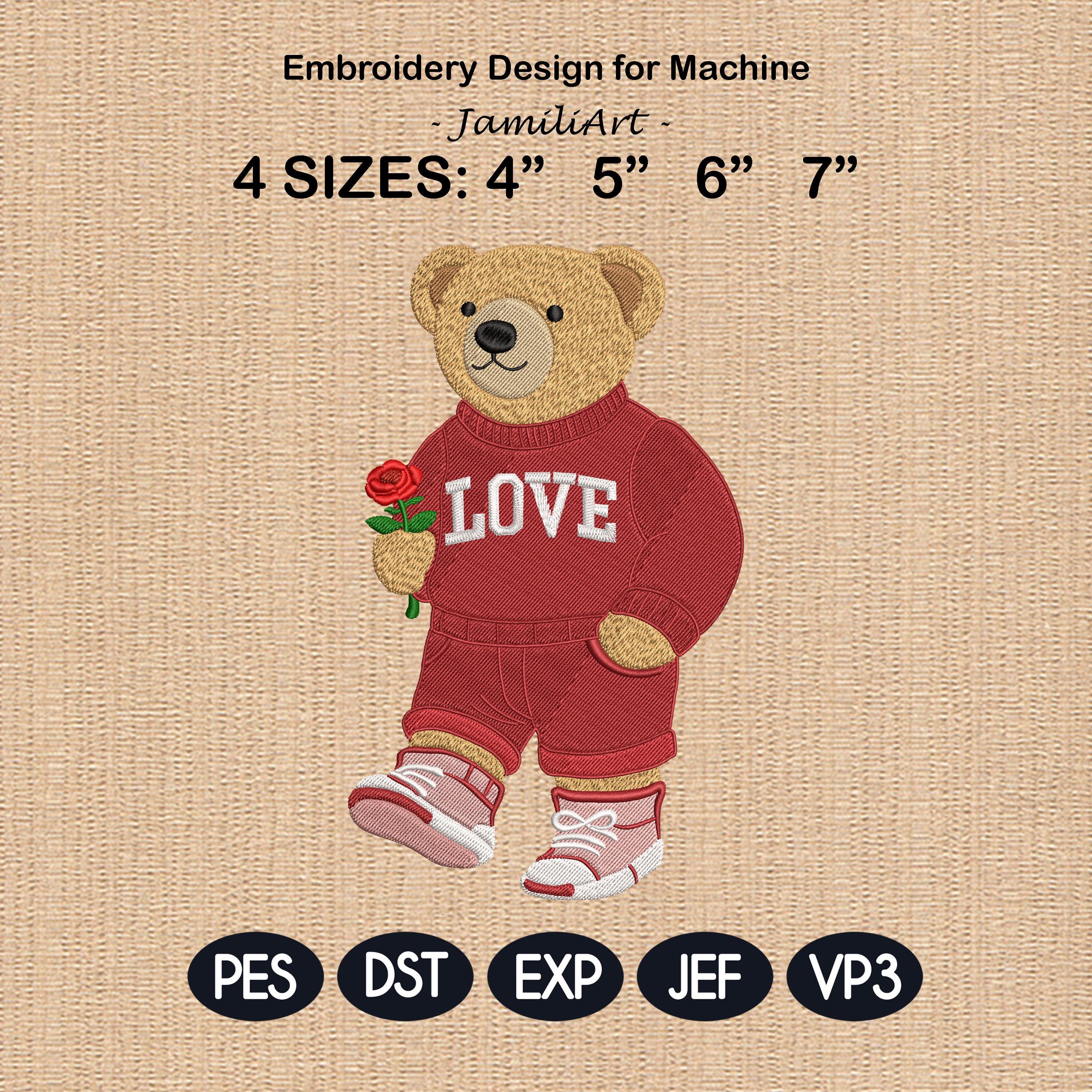 Valentine's Day Bear Embroidery Design, Stylist Bear with Rose Embroidery File, Valentine Bear Machine Embroidery Pattern, Fashion Bear