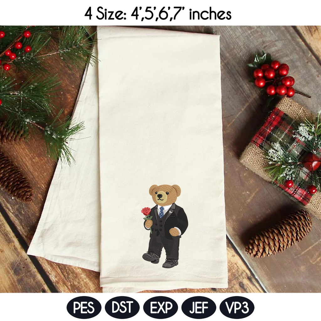 Valentine's Day Bear Embroidery Design, Stylist Bear with Rose Embroidery File, Valentine Bear Machine Embroidery Pattern, Fashion Bear - image 5