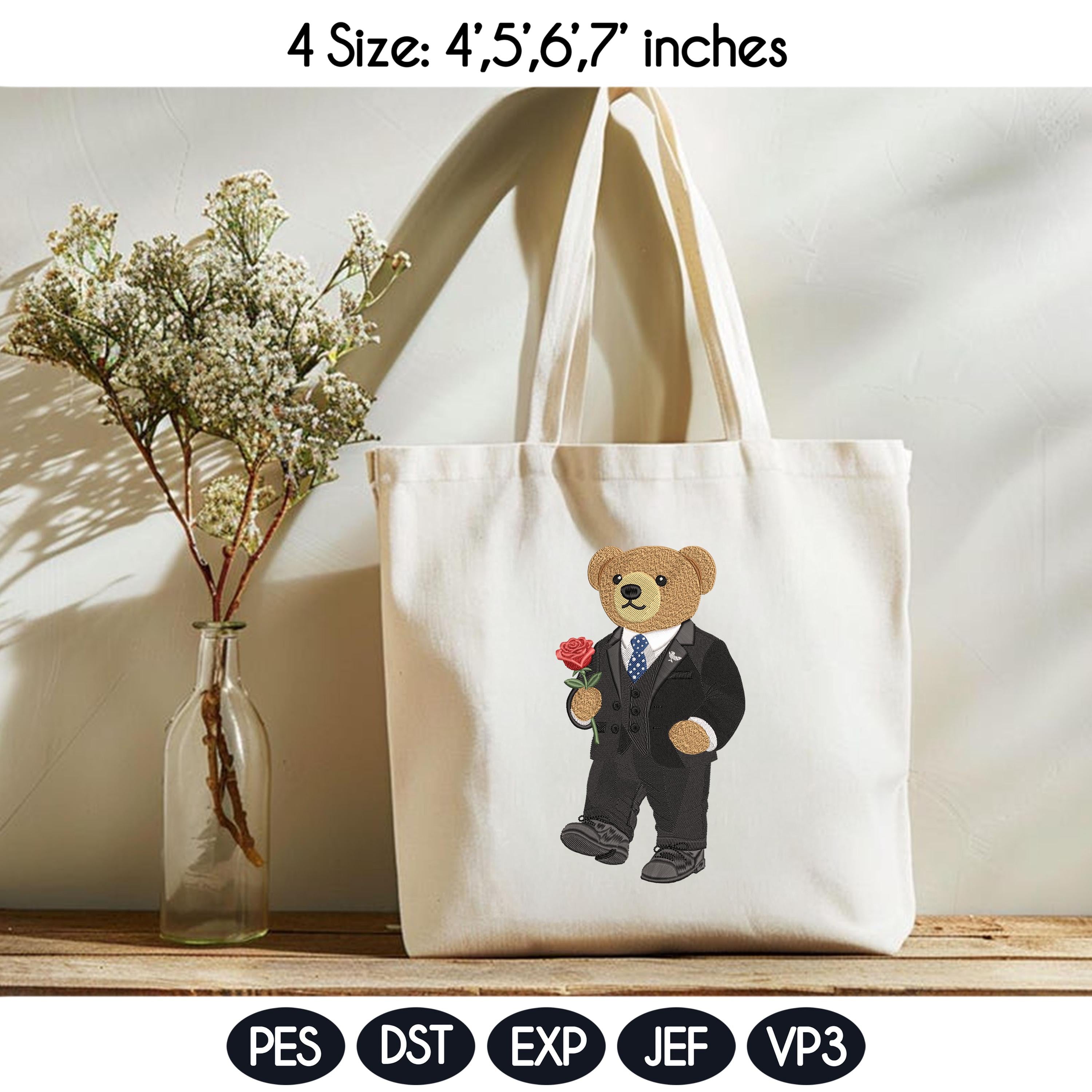 Valentine's Day Bear Embroidery Design, Stylist Bear with Rose Embroidery File, Valentine Bear Machine Embroidery Pattern, Fashion Bear - image 4