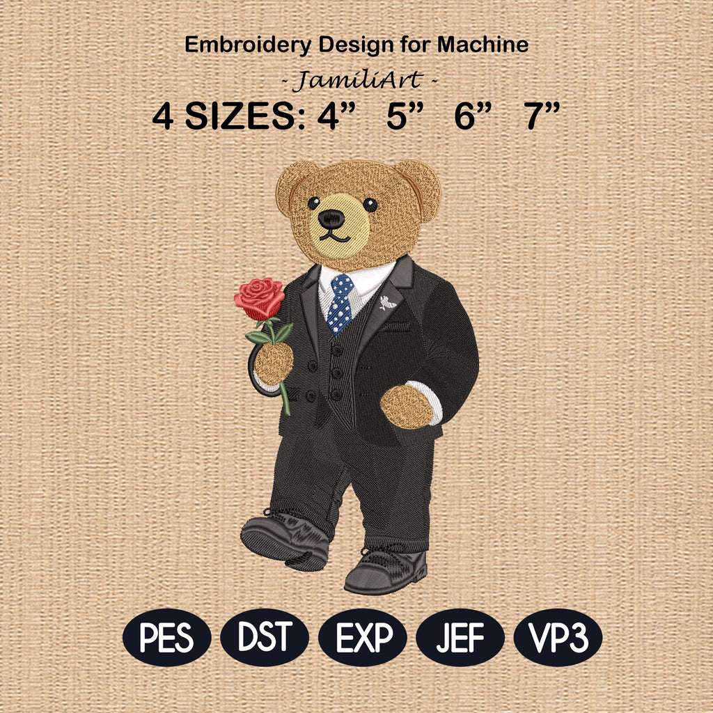 Valentine's Day Bear Embroidery Design, Stylist Bear with Rose Embroidery File, Valentine Bear Machine Embroidery Pattern, Fashion Bear