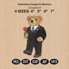 Valentine's Day Bear Embroidery Design, Stylist Bear with Rose Embroidery File, Valentine Bear Machine Embroidery Pattern, Fashion Bear