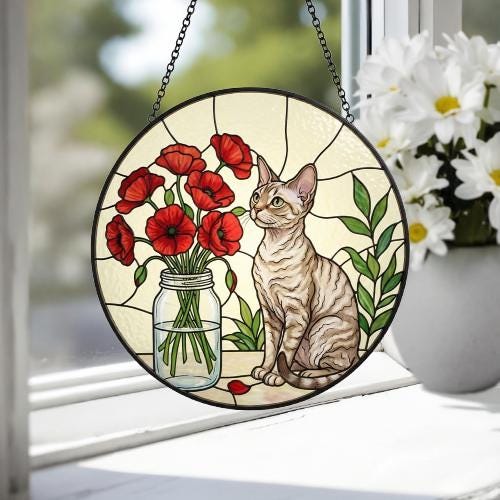 Custom Devon Rex Cat & Red Poppies Glass Suncatcher:  Gift for Cat Lovers - image 4
