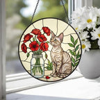 Custom Devon Rex Cat & Red Poppies Glass Suncatcher:  Gift for Cat Lovers - image 4