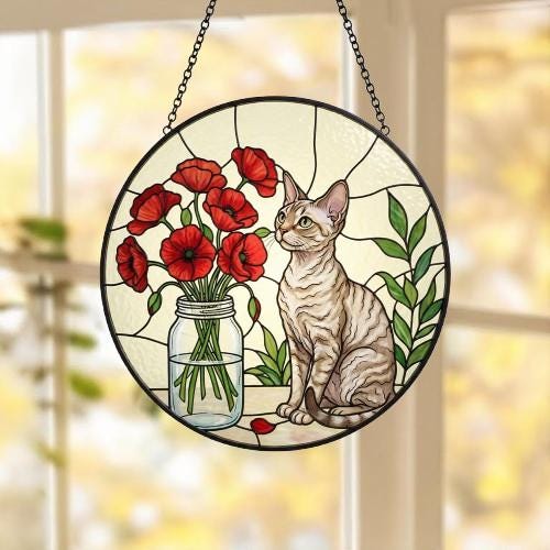 Custom Devon Rex Cat & Red Poppies Glass Suncatcher:  Gift for Cat Lovers - image 5