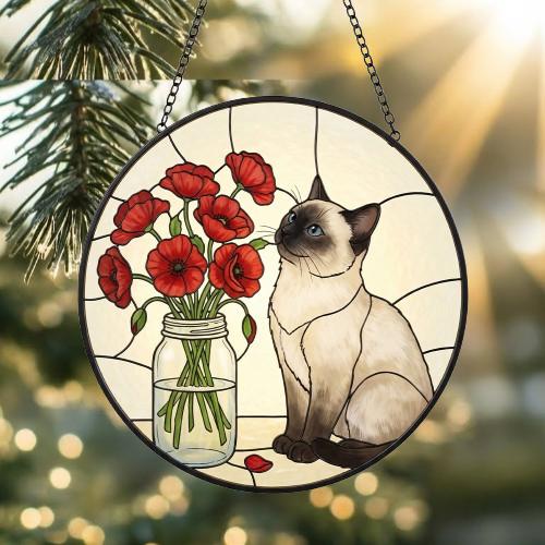 Custom Himalayan cat & Red Poppies Glass Suncatcher:  Gift for Cat Lovers - image 3