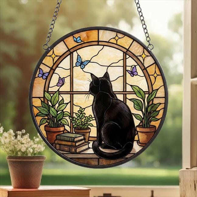 Custom Black Cat And Book Glass Suncatcher , Book Window Decor, Cat Lover Gift, Book Lover Gift