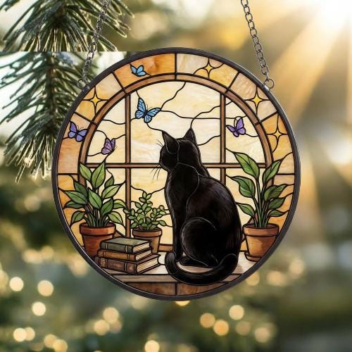 Custom Black Cat And Book Glass Suncatcher , Book Window Decor, Cat Lover Gift, Book Lover Gift - image 5
