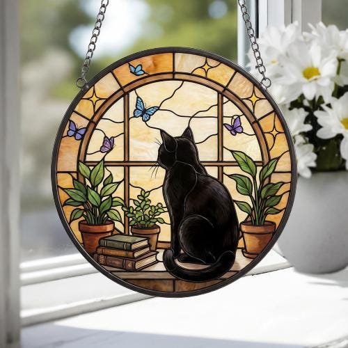 Custom Black Cat And Book Glass Suncatcher , Book Window Decor, Cat Lover Gift, Book Lover Gift - image 2