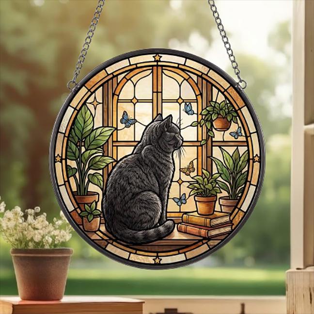 Custom British Shorthair Cat And Book Glass Suncatcher , Book Window Decor, Cat Lover Gift, Book Lover Gift