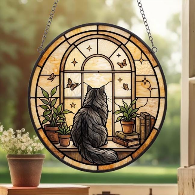 Custom Persian  Cat And Book Glass Suncatcher , Book Window Decor, Cat Lover Gift, Book Lover Gift