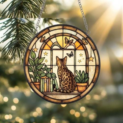 Custom Bengal  Cat And Book Glass Suncatcher , Book Window Decor, Cat Lover Gift, Book Lover Gift - image 2