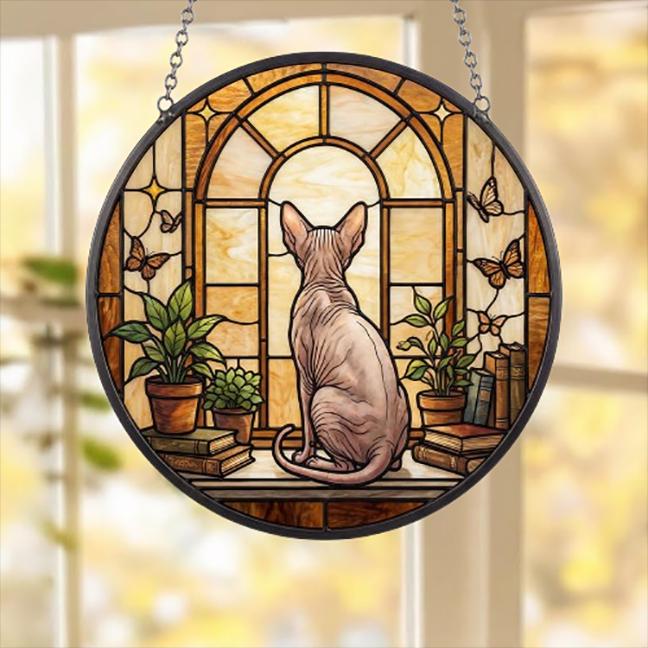 Custom Sphynx Cat And Book Glass Suncatcher , Book Window Decor, Cat Lover Gift, Book Lover Gift