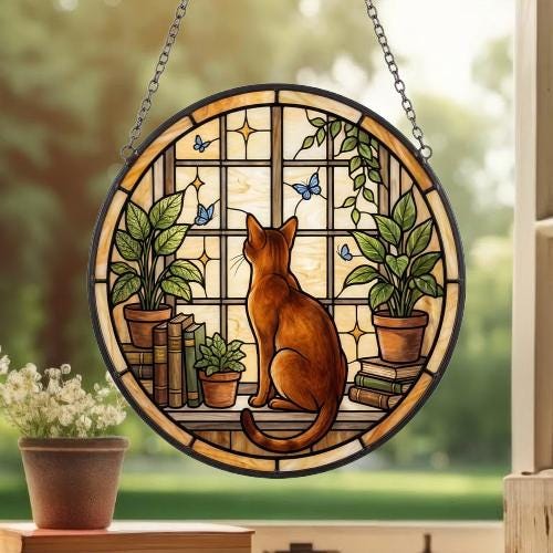 Custom Abyssinian Cat And Book Glass Suncatcher , Book Window Decor, Cat Lover Gift, Book Lover Gift - image 3