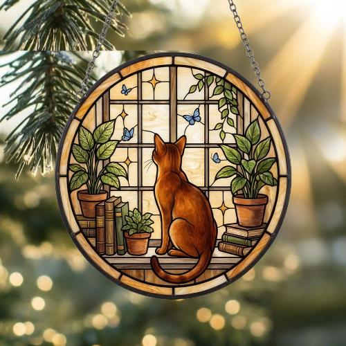 Custom Abyssinian Cat And Book Glass Suncatcher , Book Window Decor, Cat Lover Gift, Book Lover Gift - image 2