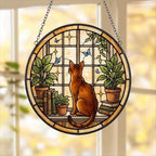 Custom Abyssinian Cat And Book Glass Suncatcher , Book Window Decor, Cat Lover Gift, Book Lover Gift