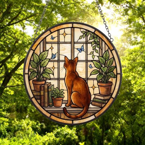 Custom Abyssinian Cat And Book Glass Suncatcher , Book Window Decor, Cat Lover Gift, Book Lover Gift - image 5