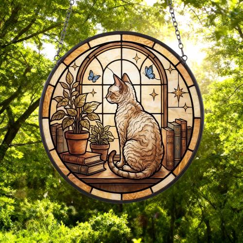Custom Devon Rex Cat And Book Glass Suncatcher , Book Window Decor, Cat Lover Gift, Book Lover Gift - image 4