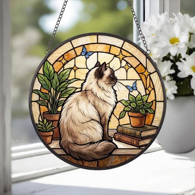 Custom Himalayan Cat And Book Glass Suncatcher , Book Window Decor, Cat Lover Gift, Book Lover Gift