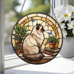 Custom Himalayan Cat And Book Glass Suncatcher , Book Window Decor, Cat Lover Gift, Book Lover Gift