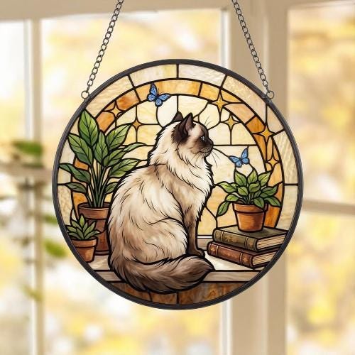 Custom Himalayan Cat And Book Glass Suncatcher , Book Window Decor, Cat Lover Gift, Book Lover Gift - image 5