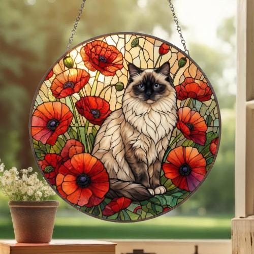Custom Ragdoll Cat Suncatcher: Glass Panel Decor Floral Poppy Botanical Hanging , Cat Lover Gift - image 3