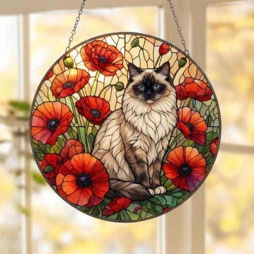 Custom Ragdoll Cat Suncatcher: Glass Panel Decor Floral Poppy Botanical Hanging , Cat Lover Gift - image 5